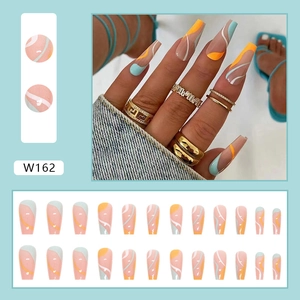Long ballerina press-on nails with light pink base and blue-orange wave patterns