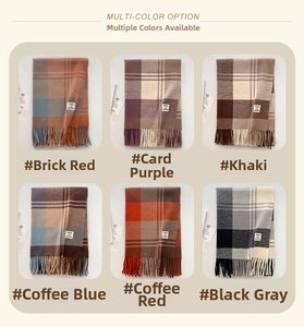Detailed grid showing six color options of plaid scarves with fringe and stitched tags