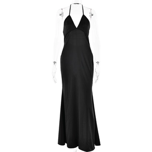 Elegant black satin deep V-neck halter long dress featuring a slim fit and floor length