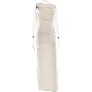 Detailed view of the elegant pleated cream-white maxi dress with smooth draping fabric