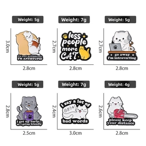 Size and weight details for diverse cartoon cat enamel pins featuring humor designs