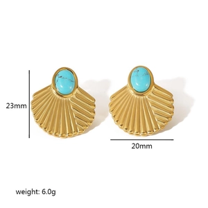 Elegant 18K gold plated fan-shaped turquoise earrings with geometry design and size data