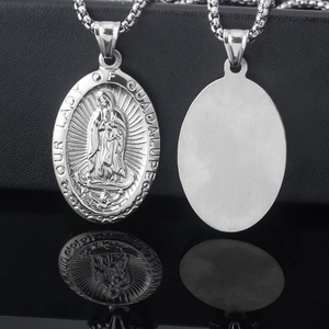 Classic stainless steel oval Virgin Mary pendant necklace showing front and back view