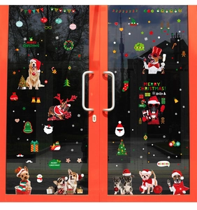 Detailed Christmas window stickers with festive dogs, snowflakes and merry holiday motifs