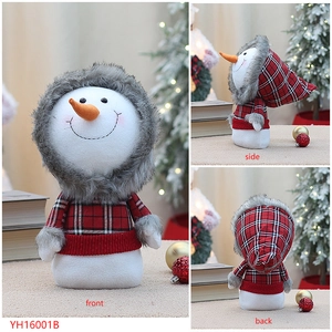 Detailed views showing front, side, and back of snowman plush in red plaid outfit