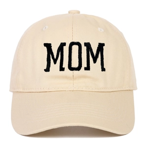Detail showing the black MOM embroidery on the front of a beige cotton baseball cap