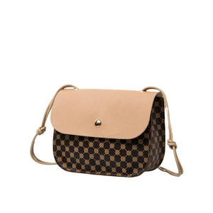 Chic beige and brown vintage pattern crossbody bag with drawstring straps on white backdrop