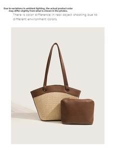 Detail of hand-woven straw tote bag with brown leather trim and matching inner pouch