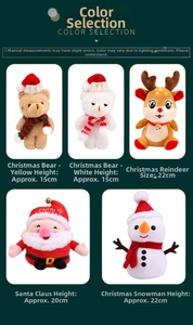 Detail view of assorted Christmas plushies including Santa, Reindeer and Snowman 15-22cm
