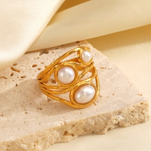 Adjustable Stainless Steel Ring 18K Gold Plated Irregular Hammered Texture With Artificial Pearls Elegant Jewelry For Women