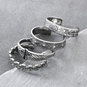 Vintage Stainless Steel Open Cuff Bracelet For Men Retro Distressed Punk Cross Wing Star Religious Bangle Jewelry
