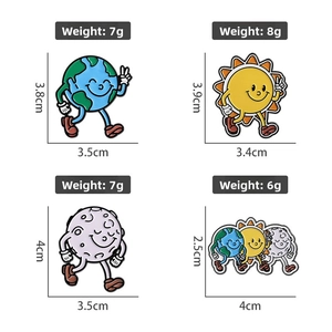 Detailed size chart showing weights of cartoon Earth, Sun, and Moon enamel pin badges