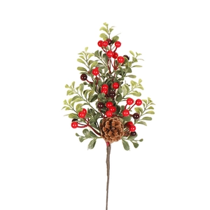Christmas decoration featuring red berries, pine cones and green leaves on white background