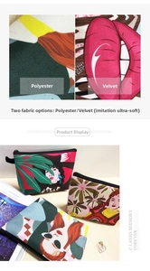 Detail of polyester and velvet fabric texture for women's pop art cosmetic bag