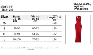 Size chart for halter backless maxi dress in cm with measurements for sizes XS to L