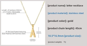 Detailed dimensions of 18K gold plated letter A initial necklace with technical specs