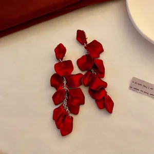 Retro red velvet rose petal tassel earrings with elegant gold chains for New Year