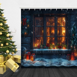 Detailansicht Duschvorhang mit Schneemann und warmem Schneefenster für Weihnachtsdeko
