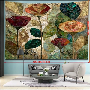Detail showing dimensions of the 300x180cm mosaic rose floral wall tapestry