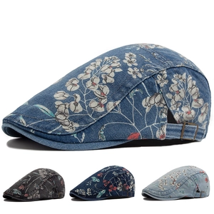 Vintage Floral Print Denim Flat Cap Adjustable Washed Cotton Ivy Hat Retro Casual Newsboy Hat For Women Men