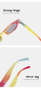 Detail of durable hinges and comfortable glittered temples on round kids sunglasses