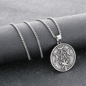 Gothic pentagram and triple moon pendant necklace in silver vintage stainless steel