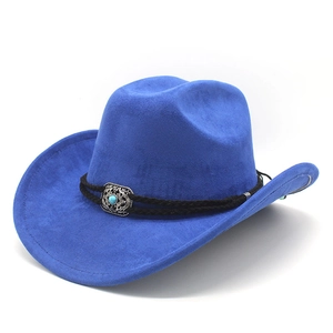 Close-up of blue faux suede cowboy hat with turquoise metal buckle and woven band detail