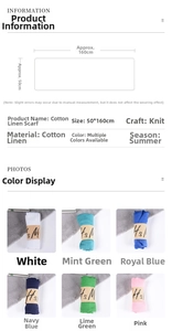 Detailed grid view showing six candy-colored cotton linen scarves for summer