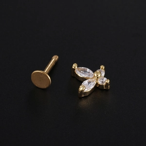 Golden stainless steel butterfly stud earring with clear zircon and flat back base