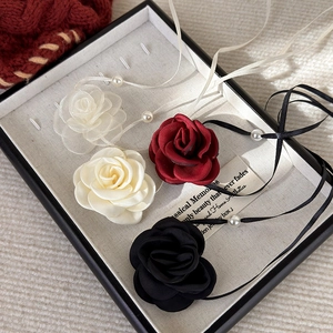 French vintage rose choker set with pearls and long fabric ribbons for elegant women