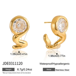 Detail showing 18K gold wave earrings dimensions with waterproof and hypoallergenic specs
