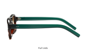 Side view of tortoise shell sunglasses temple with engraved model number and size