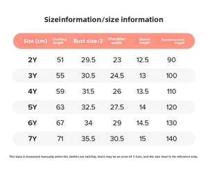 Size chart for girls cotton dress showing detailed measurements for ages 2Y to 7Y