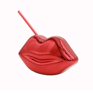 Disco lip-shaped mirror finish drink cup with pink straw on white background