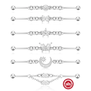 Assorted S925 sterling silver industrial barbells with chain and zircon elements