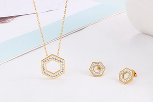Detailed view of gold geometric hexagon necklace and earrings set with sparkling stones