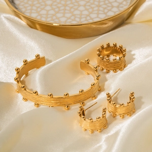 18K gold plated stainless steel jewelry set with textured surface and beaded edge detail