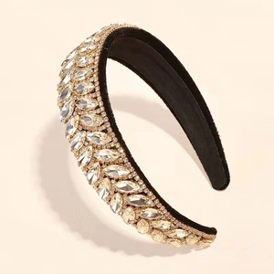 Baroque wide headband with champagne rhinestones on black velvet base for women
