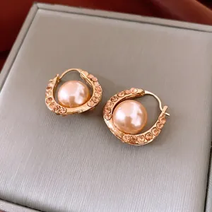 U Shape Hoop Earrings With Faux Artificial Pearl And Rhinestone Alloy Gold Tone Elegant French Luxury Jewelry For Women