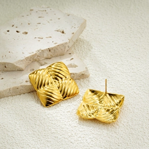 18K gold plated stainless steel geometric earrings with textured ripple design for women