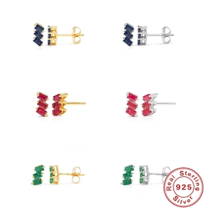 925 Sterling Silver Geometric Zirconia Stud Earrings For Women Baguette Cut Three Stone Inlaid Gold Plated Vintage Jewelry