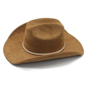 Detail of a brown western cowboy hat featuring a cream braided rope decorative band