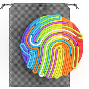 Detail view of round rainbow sensory activity board with grey drawstring storage bag