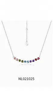 Close-up of S925 sterling silver stamp and rainbow heart-shaped cubic zirconia necklace