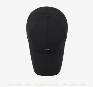 Top-down view of black quick-dry baseball cap with SPORT embroidery on the front