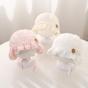 Baby girl lace princess hat with pearl flower embroidery in pink, beige and white colors