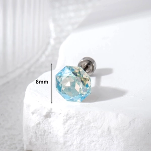 Sparkling 8mm light blue octagonal crystal stud earrings in polished titanium steel