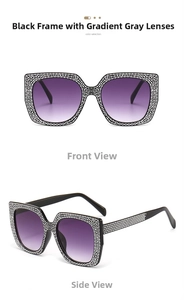 Detail view of square rhinestone sunglasses with black frame and purple gradient lenses