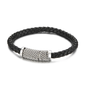 Men's braided leather bracelet with stainless steel magnetic clasp and bead texture details