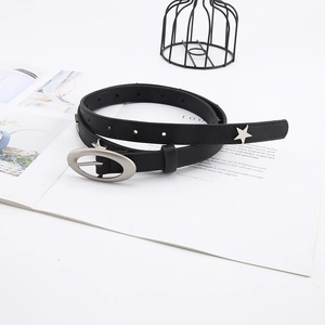 Slim black leather belt with silver star studs and oval buckle on white background